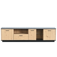 Meuble Porte TV Scandinave avec Un Tiroir, Trois Portes et Deux Étagères en Verre, Éclairage LED à 15 Couleurs Variables, 180x40x45 cm, Noir