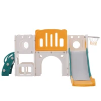 Toboggan pour enfants multifonctionnel 6 en 1 avec rampe, double plateforme, casiers, panier de basket et échelle，174x150x95 cm, Vert antique(m-5)