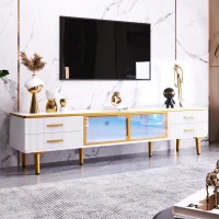 TV-Schrank in Marmoroptik mit LED-Beleuchtung, 4 Schubladen und 2 Türen aus gehärtetem Glas, vergoldete Griffe, Modernes Design für Wohnzimmer, Weiß und Gold(m-7)