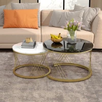 Ensemble de table basse gigogne moderne en MDF, finition effet marbre et structure en métal, 70x70x45 cm et 45x45x40 cm, Noir(m-1)