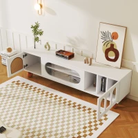 TV-Schrank mit Rattan-Optik, Glasschiebetüren, vergoldeten Griffen und Massivholzfüßen, Weiß und Holzfarbe(m-8)