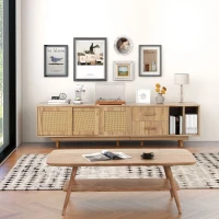 Meuble TV scandinave en rotin pour écrans jusqu'à 80 pouces, console avec portes en rotin, pieds en métal et espace de rangement, naturel(m-4)