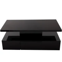 Hochglanz-Couchtisch mit LED-Beleuchtung, Schubladen und zwei Ablageebenen, Schwarz(m-10)