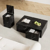 Table basse multifonctionnelle gigogne modulable en marbre, grande table avec tiroirs, petite table avec rangement, 100x33,5x70 cm + 32x32x50 cm, Noir(m-4)