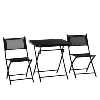 Outsunny 3 Pieces Garden Bistro Set, Folding Patio Table with Glass Table Top and 2 Chairs, Outdoor Furniture Set for Garden and Porch, Black(m-11)