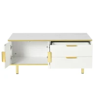 Table basse moderne avec tiroirs, design rayé, plateau en faux marbre et détails en métal doré, 100x50x43 cm, Blanc(m-7)