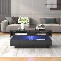 Hochglanz Couchtisch mit LED-Beleuchtung, zwei Ablagefächern und Schubladen, modernes Design, Schwarz(m-8)