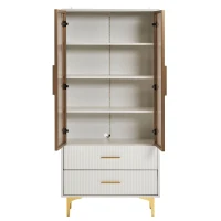 Vitrine Élégante en Verre avec Deux Portes, Pieds Dorés et Étagères Réglables, Éclairage LED Multicolore, 70x35x150 cm, Blanc(m-7)