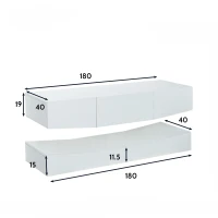 Meuble TV Suspendu Moderne avec Éclairage LED, 3 Étagères, en Panneaux de Particules, 180x40 cm - Style Scandinave, Blanc(m-3)