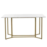 Modern Dining Room Table in Marble Top with Adjustable Metal Legs, Rectangular Extendable Table for Kitchen, 140x80x75 cm, White+Gold(m-6)