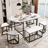 Modern Luxury 6 Seater Dining Table Set with Six Chairs, MDF Seat Cushions and Gold-Plated Iron Frames, Black(m-1)