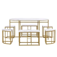 Modern Luxury Rattan 6 Seater Dining Table Set with Six Chairs, MDF Seat Cushions and Gold-Plated Iron Frames, Gold(m-8)