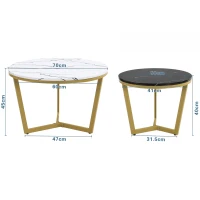 Ensemble de Tables Basses Gigognes Modernes Style Marbre avec Structure Métallique Dorée, Design Polyvalent, 70x70x45 cm + 50x50x40 cm, Blanc(m-3)