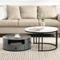 Ensemble de Tables Basses Gigognes Modernes en Style Marbre PVC avec Design Élégant et Espace de Rangement, 70x70x40 cm + 60x60x25,5 cm, Gris(m-1)
