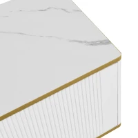 Meuble TV Bas avec Texture Sculptée, Poignées et Pieds Dorés, Structure Effet Marbre pour Salon, 175x40x45 cm - Style Scandinave, Blanc(m-8)