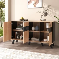 Designer-Sideboard mit LED-Beleuchtung und Glastüren, vielseitig und stilvoll, Schwarz + Holz(m-7)