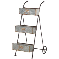 Outsunny Jardinière Chariot sur Pied 3 Niveaux Style Rural Chic - Pliable - 2 poignées et Roues - nœuds de Corde métal martelé Effet Vieilli(m-10)