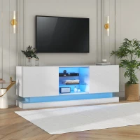Meuble TV Moderne Brillant avec Étagère en Verre Réglable et Charnières Silencieuses, Support pour TV jusqu'à 70 Pouces, 160x38,5x60 cm, Blanc(m-5)