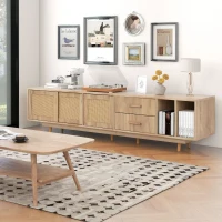 Meuble TV scandinave en rotin pour écrans jusqu'à 80 pouces, console avec portes en rotin, pieds en métal et espace de rangement, naturel(m-1)