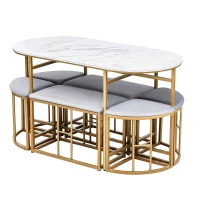 Modern Dining Table and Chairs Set with 4 Small Stools and 2 Large Stools, Steel Frame, 140×70×76 cm, Load Capacity 120 kg, Gold(m-4)
