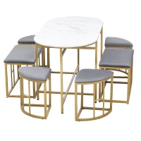 Modern Dining Table and Chairs Set with 4 Small Stools and 2 Large Stools, Steel Frame, 140×70×76 cm, Load Capacity 120 kg, Gold(m-5)