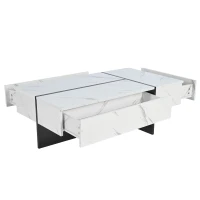 Table basse moderne relevable avec éclairage LED intégré, 16 couleurs, surface brillante effet marbre et 3 tiroirs, 105x60x35 cm, Blanc(m-7)