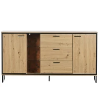 Sideboard 160 cm breit mit 3 Schubladen und 2 Türen, LED-Beleuchtung, großes Stauraum, Schwarz und Holzton(m-2)