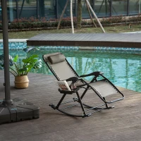 Outsunny Garden Rocking Chair Folding Recliner Outdoor Adjustable Sun Lounger Rocker Zero-Gravity Seat with Headrest Side Holder Patio Deck - Grey(m-11)