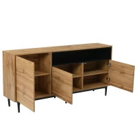 Moderner Holz-Sideboard mit drei Türen und verstellbaren Regalen, einfache Montage, platzsparend und robust, Schwarze+Holzfarbe(m-9)