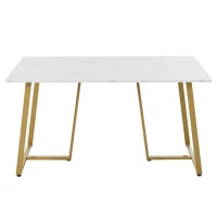 Modern Fodable Dining Table with Marble Pattern, Adjustable Metal Legs, Rectangular Kitchen Table for Dining Room, 140x80x75 cm, White+Gold(m-5)