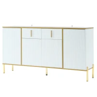 Crédence Élégante avec Détails Dorés, Tiroirs Silencieux et Étagères Réglables, 140x35x76 cm - Parfaite pour Cuisine et Salon, Blanc(m-7)