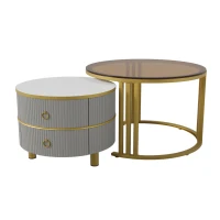 Runder Couchtisch MDF Metallbeine mit Schubladen für Wohnzimmer Gold+Grau(m-10)