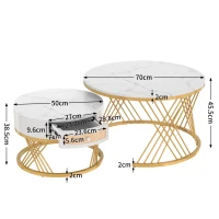 Couchtisch 70cm Runder Marmormuster Platzsparender 2-in-1 mit Rattan-Schubladen u. Griffen, vergoldeten Füßen Weiß(m-3)