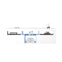 Meuble TV scandinave sur pied et mural avec éclairage LED, étagères ouvertes et compartiments rabattables, moderne brillant 140x40x45 cm, Blanc(m-8)