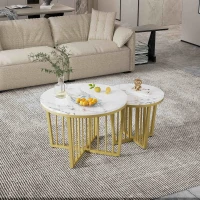 Moderner Couchtisch-Set in Hochglanz-Marmor-Optik mit vergoldeten Eisenbeinen, 2-teiliges Nesting-Design für Wohnzimmer und Balkon, weiß(m-1)