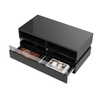 Hochglanz Couchtisch mit LED-Beleuchtung, zwei Ablagefächern und Schubladen, modernes Design, Schwarz(m-4)