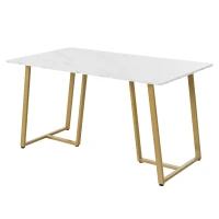 Modern Fodable Dining Table with Marble Pattern, Adjustable Metal Legs, Rectangular Kitchen Table for Dining Room, 140x80x75 cm, White+Gold(m-4)