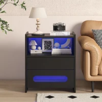 Table de chevet intelligente avec télécommande et grand espace de rangement, avec éclairage LED intégré et 2 tiroirs, mélamine, 50x40x58 cm, Noir(m-5)