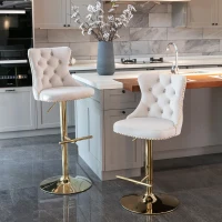 Set of 2 Adjustable Velvet Bar Stools with Backrest, Gold Electroplated Legs, 360° Rotatable, 62-82 cm Height, 45x45 cm Base, Up to 136 kg Load, Beige(m-1)