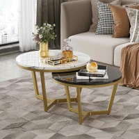 Eleganter Couchtisch im 2er-Set, Marmoroptik mit vergoldetem Metallgestell und L-förmigen Beinen, Weiß und Schwarz(m-5)