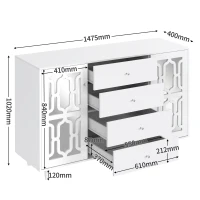 Weiß verspiegelte Anrichte mit kühlen Kristallgriffen, für Wohn und Esszimmer, 147 x 40 x 102cm, Weiß(m-3)