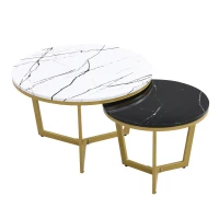 Eleganter Couchtisch im 2er-Set, Marmoroptik mit vergoldetem Metallgestell und L-förmigen Beinen, Weiß und Schwarz(m-2)