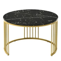 Ensemble de 2 Tables Basses Modernes Gigognes en MDF avec Finition Effet Marbre et Structure Métallique Dorée, 70x70x47 cm + 45x45x40 cm, Noir(m-8)