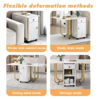 Folding Extendable Dining Table with Cupboard and 2 Drawers, Space-Saving Utility Table with Castors and Adjustable Legs, White/Gold(m-4)