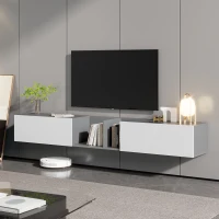 Meuble TV suspendu avec 2 portes, 2 étagères ouvertes, ouverture par pression, à charnières, supporte des téléviseurs jusqu'à 90", 220x35x30 cm, Blanc(m-1)