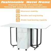 Folding Dinning Table with Goldplated Handles, 3 Extensive Modes for Learning&Dinning, Metal Frame - White/Black(m-5)