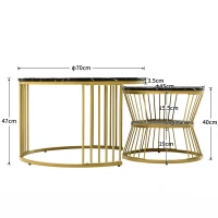 Ensemble de 2 Tables Basses Modernes Gigognes en MDF avec Finition Effet Marbre et Structure Métallique Dorée, 70x70x47 cm + 45x45x40 cm, Noir(m-3)
