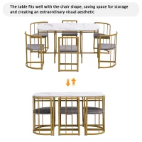 Six-Chair Dining Table Set, Modern Dining Table and Chairs with Backrests and Upholstery, Gold Iron Frame, 140x80x76 cm, Gold(m-4)