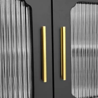 TV-Schrank 175cm Retro mit viel Stauraum Glastüren Goldgriffen Massivholzbeinen Wohnzimmer schwarz(m-10)