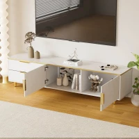 Meuble TV Bas avec Texture Sculptée, Poignées et Pieds Dorés, Structure Effet Marbre pour Salon, 175x40x45 cm - Style Scandinave, Blanc(m-6)